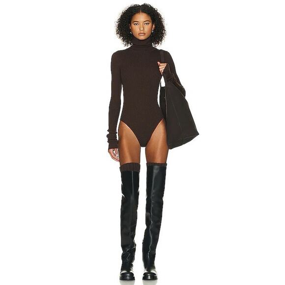 Wolford Brown Velvet Deluxe Mockneck Long Sleeve Bodysuit M - Picture 1 of 5